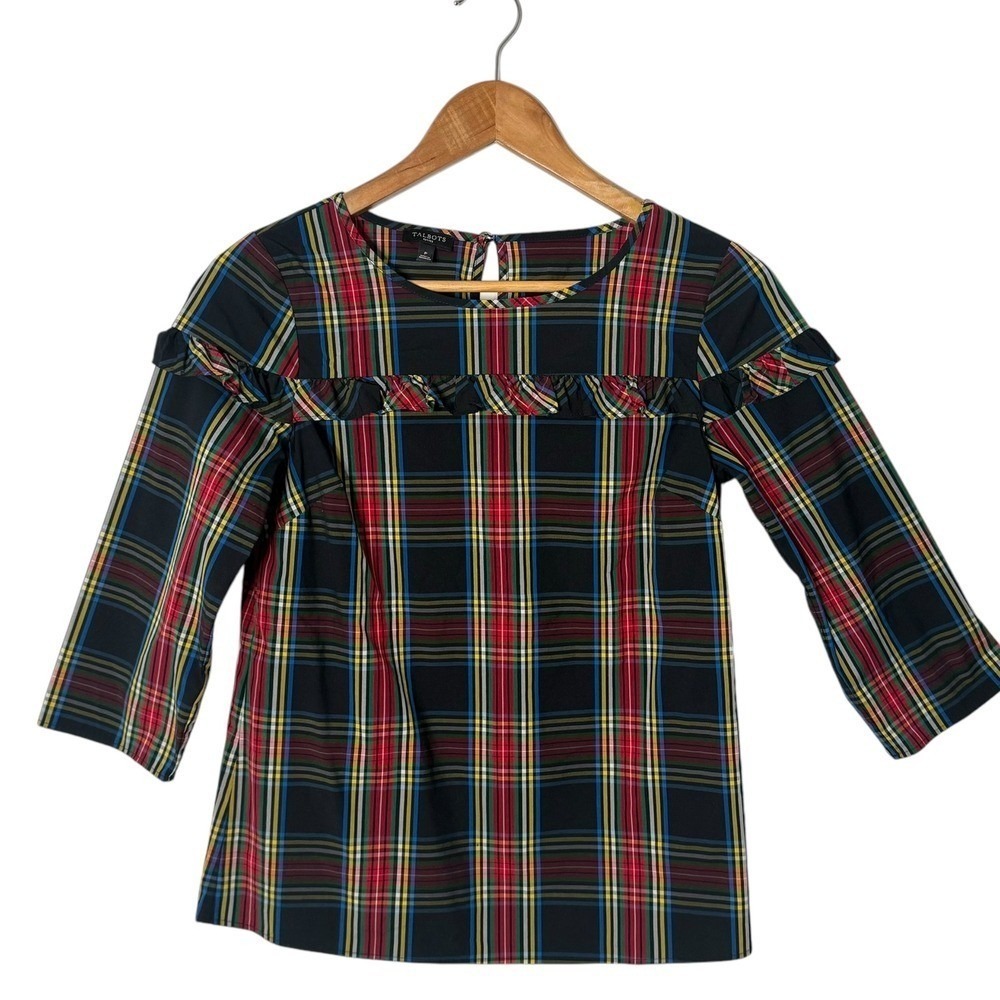 Talbots Tartan Plaid Ruffle Top Womens XS Petite Red Preppy Holiday Festive